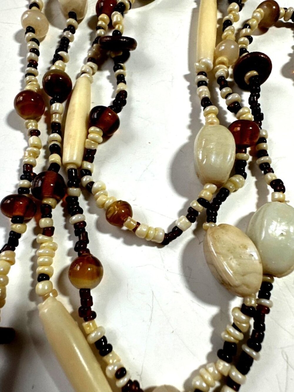 Eclectic Bead Necklace Brown Cream Extra Long Continuous 46" Boho Earthy Chic